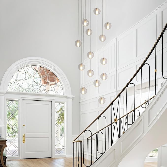 14 Lights Staircase Chandelier for High Ceiling, Dimmable Modern Crystal Raindrop Large Long Hanging Pendant Light for Stairwell Living Room Stair Foyer, Bulbs Included (Black Canopy)
