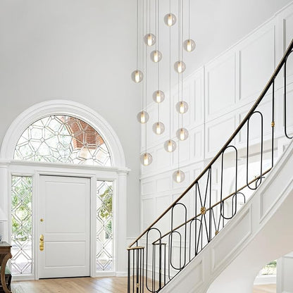 14 Lights Staircase Chandelier for High Ceiling, Dimmable Modern Crystal Raindrop Large Long Hanging Pendant Light for Stairwell Living Room Stair Foyer, Bulbs Included (Black Canopy)