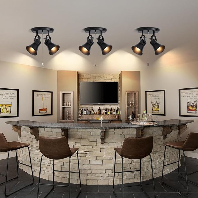 2-Light Black Track Lighting with Pull Chain, Industrial Adjustable Pull Chain Light Fixture Round Ceiling Light, Modern Flush Mount for Kitchen, Hallway, Dining Room