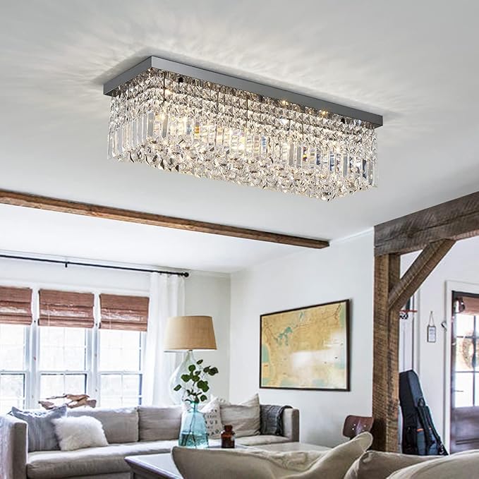 Saint Mossi 22010 5-Lights Modern K9 Crystal Chandelier, Island Design, Flush Mount Ceiling Light, H9 x W10 x L31, Clear Crystal & Pearl Black Finish