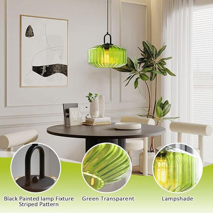 Green Glass Pendant Light Fixture Hand Blown Pendant Lights with Large Glass Globe Shade, Mid Century Modern Adjustable Ceiling Hanging Lighting for Dining Bedroom Table Kitchen Island