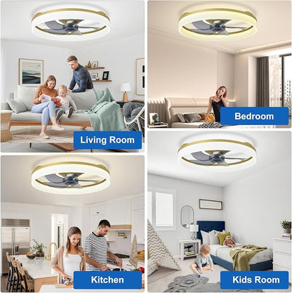 DLLT LED Ceiling Fan with Light: 20" Modern Low Profile Flush Mount Fandelier with App & Remote Control - Dimmable Gold Bladeless Fan Light Fixture for Bedroom Kids Room Living Room