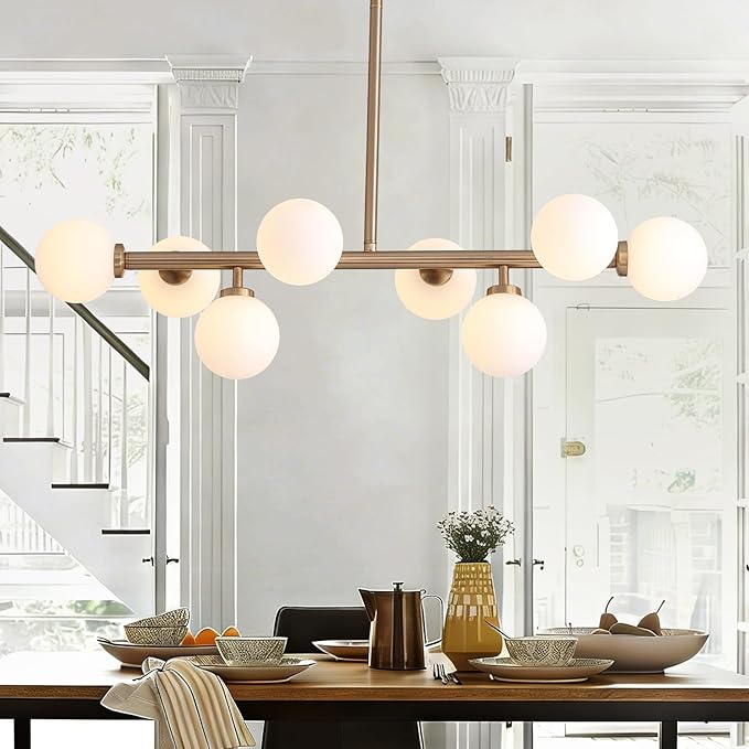 Modern Linear Chandelier, Mid Century Gold Sputnik Pendant Light with White Glass Lampshade,8 Lights Globe Rectangle Chandelier,for Dining Room Kitchen L31.4 in x W10.6 in
