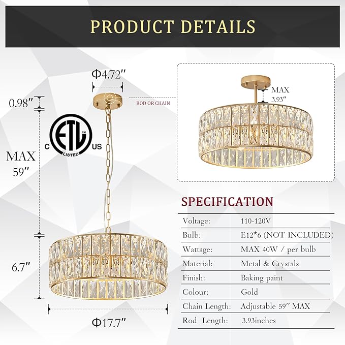 CATINER Modern Crystal Chandelier for Dining Room Gold Semi Flush Mount Ceiling Light Fixtures 18” Large Round Crystal Pendant Lighting for Foyer Bedroom Living Room