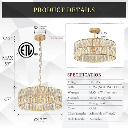 CATINER Modern Crystal Chandelier for Dining Room Gold Semi Flush Mount Ceiling Light Fixtures 18” Large Round Crystal Pendant Lighting for Foyer Bedroom Living Room