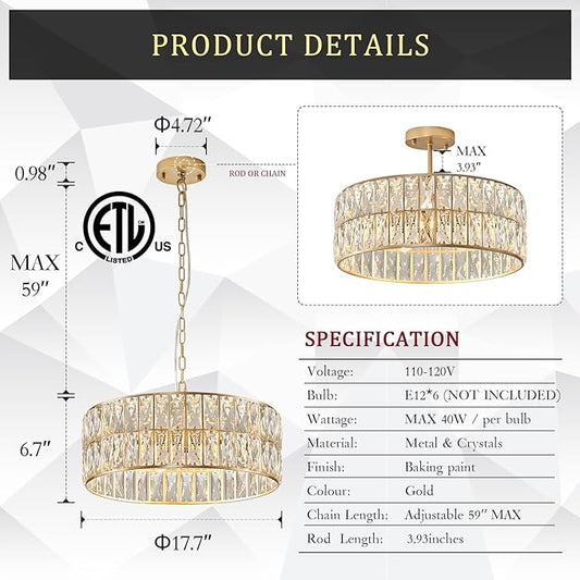 CATINER Modern Crystal Chandelier for Dining Room Gold Semi Flush Mount Ceiling Light Fixtures 18” Large Round Crystal Pendant Lighting for Foyer Bedroom Living Room