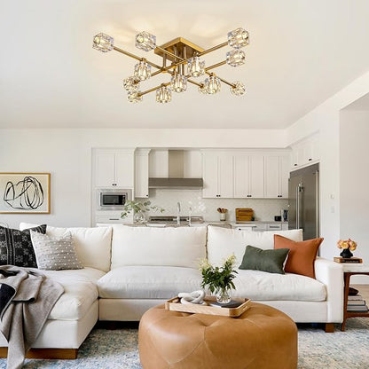 Modern Ceiling Light Fixture with 13-Lights,Gold Semi Flush Mount Ceiling Light,Crystal Sputnik Chandeleirs,Modern Ceiling Lights for Living Room,Dining Room,Kitchen Island,Bedroom