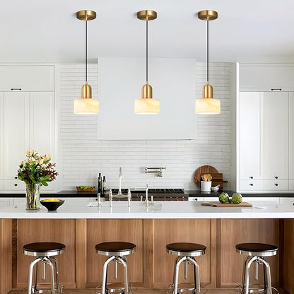 Natural Stone Pendant Lights Kitchen Island, White Pendant Light Fixtures, Pendant lamp Marble Cylinder Shade Copper, for Bedroom Bathroom Dining Room Living Room(1-Pack)