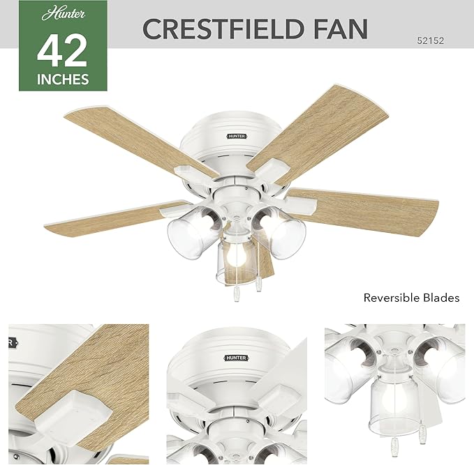 Hunter 42 inch Indoor Ceiling Fan with LED Lights and Pull Chain - Low Profile Flush Mount White Ceiling Fan, 5 Blades, For Bedroom, Living Room, or Kitchen, Quiet - Crestfield 52152, Fresh White