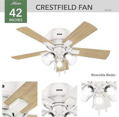 Hunter 42 inch Indoor Ceiling Fan with LED Lights and Pull Chain - Low Profile Flush Mount White Ceiling Fan, 5 Blades, For Bedroom, Living Room, or Kitchen, Quiet - Crestfield 52152, Fresh White