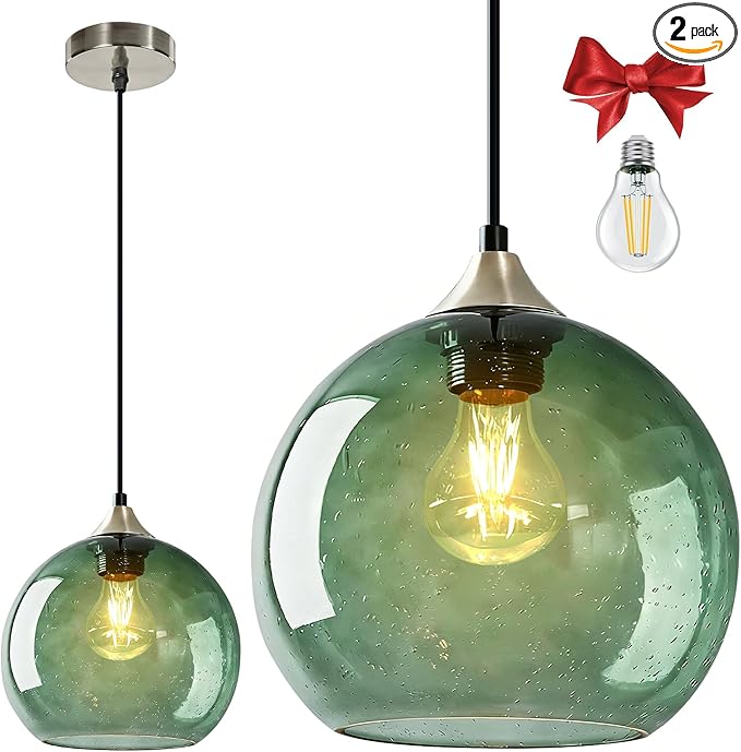 9.1in Large Green Glass Pendant Light for Kitchen Island（1-Pack）, Includes Extra Bulb & 4.92FT Adjustable Cord, Modern Pendant Lighting Fixtures for Kitchen, Dining Room, Living Room