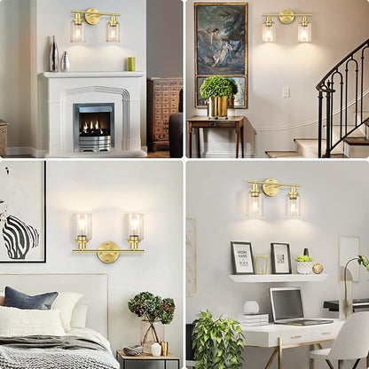FOLKSMATE Bathroom Light Fixtures, 2-Light Brushed Brass Vanity Light, Gold Wall Sconces Lighting, Modern Bath Wall Mounted Lighting with Glass Shade, Porch Lamp for Mirror, Bedroom, Hallway