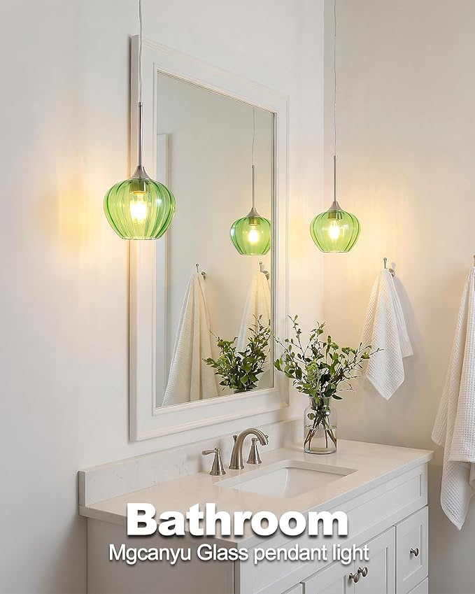 Green Pendant Lights Kitchen Island, 7" Vintage Glass Pendant Lighting with Brushed Nickel Adjustable Hanging Light Fixtures for Kitchen, Dining Room, Sink, Bathroom