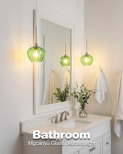Green Pendant Lights Kitchen Island, 7" Vintage Glass Pendant Lighting with Brushed Nickel Adjustable Hanging Light Fixtures for Kitchen, Dining Room, Sink, Bathroom
