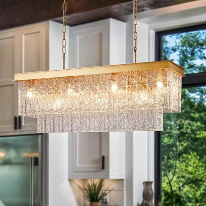 35.4 Inch 11-Light E12 Modern Dining Room Chandelier, Kitchen Island Chandelier Gold Rectangular, Water Ripple Glass Adjustable Hanging Ceiling Light Fixture