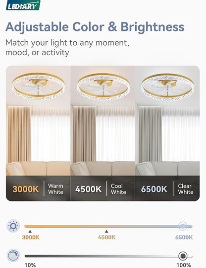 LEDIARY 20" Modern Ceiling Fans with Lights and Remote, Dimmable Low Profile Ceiling Fan, Flush Mount Fan, Stepless Color Temperature Change and 6 Speeds - Gold