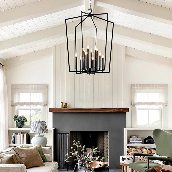 Vezzio 12-Light Large Black Chandelier, D30 Inch Modern Industrial Farmhouse Lantern Pendant Light for High Ceiling Entryway, Foyer, Dining Room，Kitchen Island，Hallway，Staircase