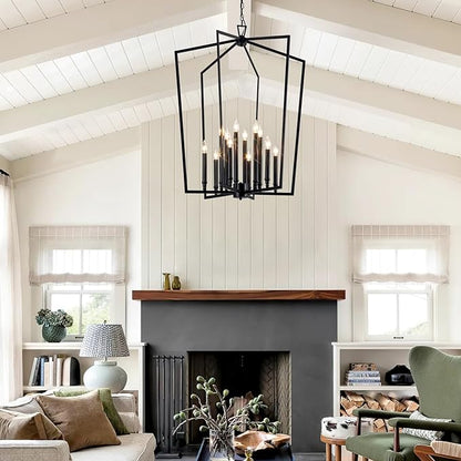 Vezzio 12-Light Large Black Chandelier, D30 Inch Modern Industrial Farmhouse Lantern Pendant Light for High Ceiling Entryway, Foyer, Dining Room，Kitchen Island，Hallway，Staircase