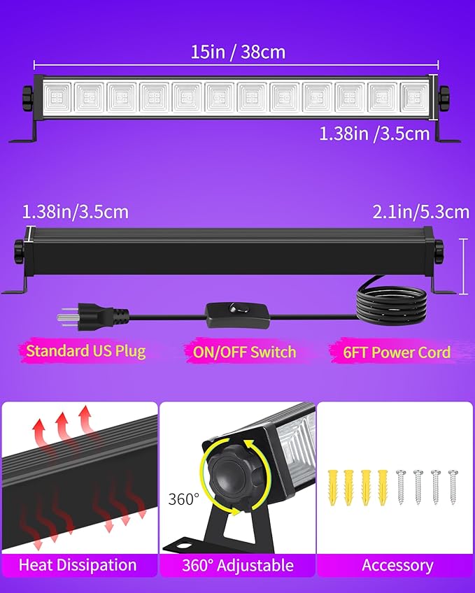 45W Black Light Bar with 6ft Cord+Switch, Each Light Up 25x25ft Area, LED Blacklight Flood Light for Neon Glow Party Body Paint Fluorescent Tapestry Poster Classroom Bedroom Halloween, 1 Pack