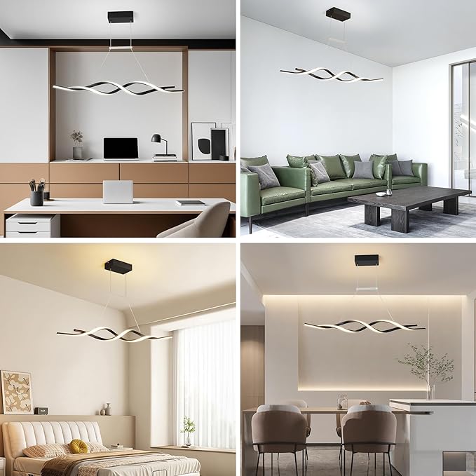 Jaycomey Modern Chandelier for Dining Room Dimmable LED Pendant Light with Remote Control, Acrylic Wave Chandeliers Adjustable Hanging Chandeliers for Bedroom Kitchen Living Room,3000K-6000K,28W,Black