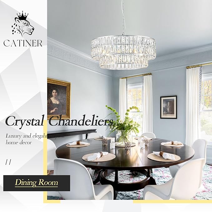 24'' Luxury Chrome Crystal Chandelier 8-Lights Modern Semi Flush Mount Ceiling Light Fixtures Round Crystal Pendant Chandeliers for Living Room Dining Room Kitchen Foyer Bedroom
