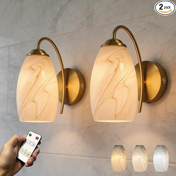Gold Alabaster Battery Operated Wall Sconces Set of 2, Rechargeable Wireless Brass Wall Lights, Touch & Remote Control, Dimmable 3 Color Temperatures, Vintage Mount Hand-Blown Glass Sconce for Bedroom