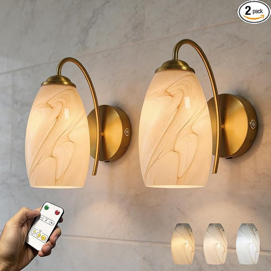 Gold Alabaster Battery Operated Wall Sconces Set of 2, Rechargeable Wireless Brass Wall Lights, Touch & Remote Control, Dimmable 3 Color Temperatures, Vintage Mount Hand-Blown Glass Sconce for Bedroom