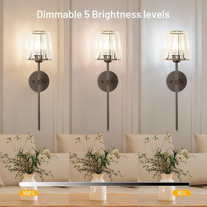 Crystal Battery Operated Wall Sconces Set of 2, Brown Rechargeable Wireless Wall Lights with Crystal Lampshade, 12 RGB and 3CCT Dimmable Wall Lamps with Remote for Bedroom Living Room Hallway