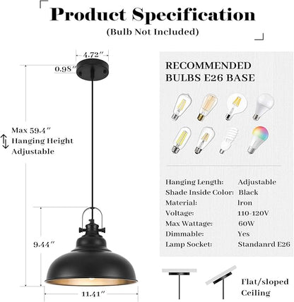 Black Pendant Lights Kitchen Island, 11.4 Inch Dome Pendant Light, Farmhouse Pendant Light, Island Pendant Light for Kitchen Island, Dining Room, Living Room (3 Pack)