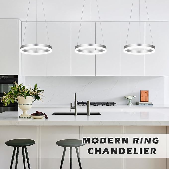 12" Nickel Led Ring Chandelier Ring Modern Led Chandelier 3 Pack Modern Pendant Lights Led Pendant Lights Adjustable Height Light Contemporary Light Fixture for Kitchen Island Dining Room