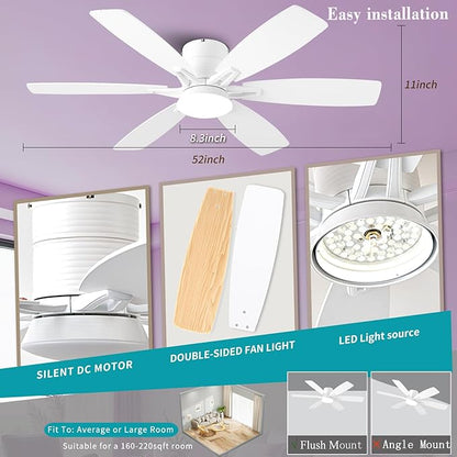 52inch White Ceiling Fans with Lights and Remote/App Control, Low Profile Ceiling Fan with Light and 6 Double-Side blades, Flush Mount, LED/RGB Dimmable DC Reversible Modern Ceiling Fan for