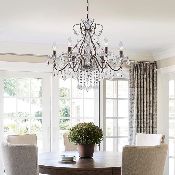 Saint Mossi 6 Light Crystal Chandelier Light Fixture Modern Chandelier Crystal Lighting, Crystal Pendant Raindrop Chandelier for Dining Room,Bedroom,Living Room,H23 x D24, 6-Light