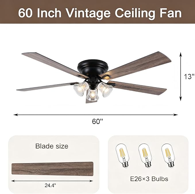 60" Vintage Ceiling Fan with Lights and Remote, Flush Mount Farmhouse Ceiling Fan 3-Lights Rustic Chandelier for Living Room Bedroom, Reversible Quiet DC Motor 6 Speeds