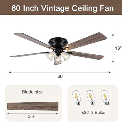 60" Vintage Ceiling Fan with Lights and Remote, Flush Mount Farmhouse Ceiling Fan 3-Lights Rustic Chandelier for Living Room Bedroom, Reversible Quiet DC Motor 6 Speeds