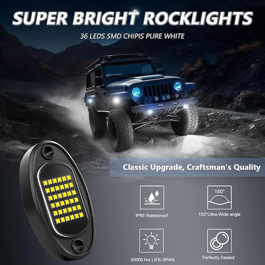 Rock Lights Ultra Bright LED Neon Underglow Lights Waterproof for Trucks Pickup SUV UTV ATV RZR Car Boats Motorcycle (White, 4 Pods)