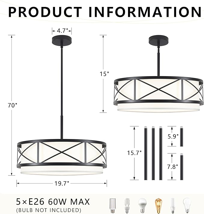 19.7'' Modern Drum Chandelier, 5-Light Round Chandeliers for Dining Room Farmhouse Pendant Light with White Fabric Shade for Kitchen Living Room Entryway Bedroom (Black)