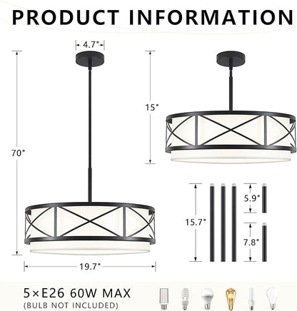 19.7'' Modern Drum Chandelier, 5-Light Round Chandeliers for Dining Room Farmhouse Pendant Light with White Fabric Shade for Kitchen Living Room Entryway Bedroom (Black)