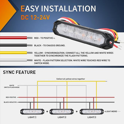 Nilight 6LED Emergency Strobe Lights 4PCS Ultra slim Surface Mount Hazard Caution Light bar 12-24V Sync Feature Warning Flashing kit for Truck Car Vehicle ATV SUV UTV Yellow and Blue