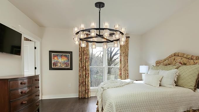 24 Inch Black Crystal Wagon Wheel Chandelier, Modern Farmhouse Round 24-Lights Pendant Lighting Fixture, for High Ceilings Living Room, Bedroom, Foyer