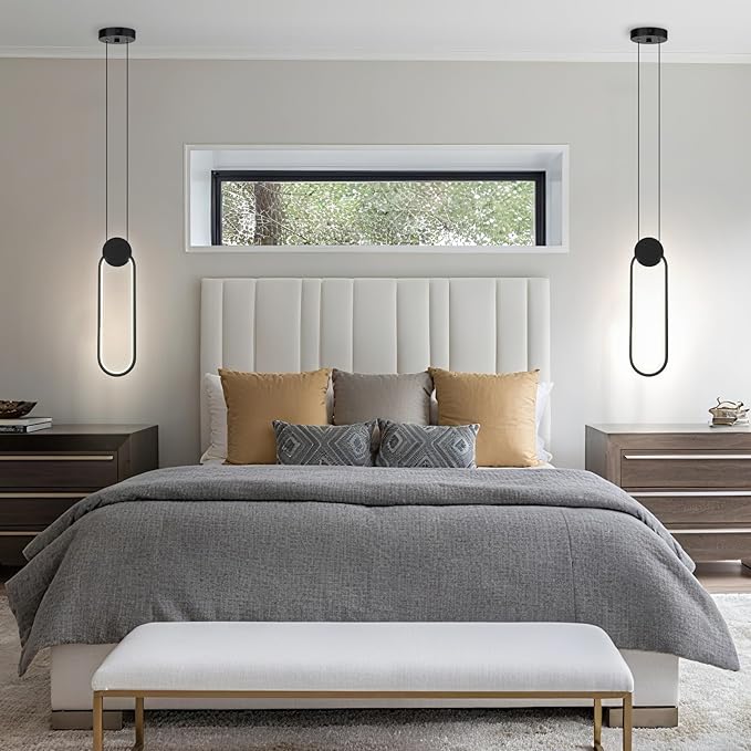 Modern Pendant Lights 2 Pack, Black LED Pendant Light 4000K Bright White Adjustable Height Oval Pendant Light Fixtures for Bedroom Bathroom Kitchen Island