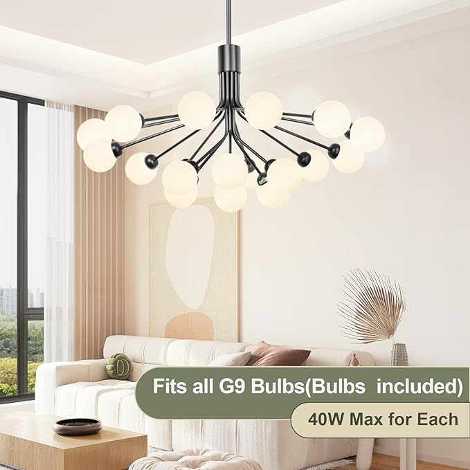 Depuley Glass Ball Sputnik Chandelier: 18-Light Modern Mid Century Black Chandelier for Dining Room - Bubble Globe Chandelier Light Fixture Height Adjustable for Kitchen Over Table (Included G9 Bulbs)