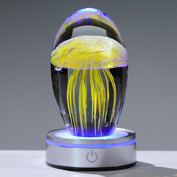 Handmade Jellyfish Lamp – Crystal Glass Figurine Colorful LED Night Light, Ocean-Themed Desk Decor, Aquarium & Beach Room Decor – Gifts for Women Nature Lovers (Yellow)