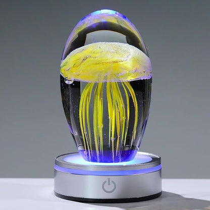 Handmade Jellyfish Lamp – Crystal Glass Figurine Colorful LED Night Light, Ocean-Themed Desk Decor, Aquarium & Beach Room Decor – Gifts for Women Nature Lovers (Yellow)