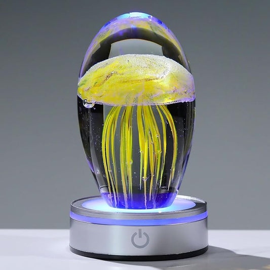 Handmade Jellyfish Lamp – Crystal Glass Figurine Colorful LED Night Light, Ocean-Themed Desk Decor, Aquarium & Beach Room Decor – Gifts for Women Nature Lovers (Yellow)