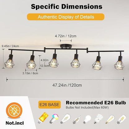6-Light Black Track Lighting Fixtures Ceiling Modern Farmhouse Track Lighting with Metal Cage E26 Base Kitchen Lights Fixture Flush Mount Ceiling Light Fixture for Dining Room(Bulbs Not Included)