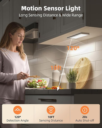 EZVALO 3000mAh Under Cabinet Lighting Wireless, 150LM Super Bright Motion Sensor Light, Rechargeable Under Counter Lights for Kitchen, Dimmable Closet Light with 3-Inch Ultra-Wide Panel 2Pack