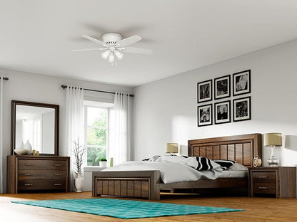 Hunter 52 inch Indoor Ceiling Fan with LED Lights - White Ceiling Fan with Pull Chain, For Bedroom, Living Room, or Kitchen, Low Profile Flush Mount, No Remote, 5 Blades - Builder 53326, Snow White