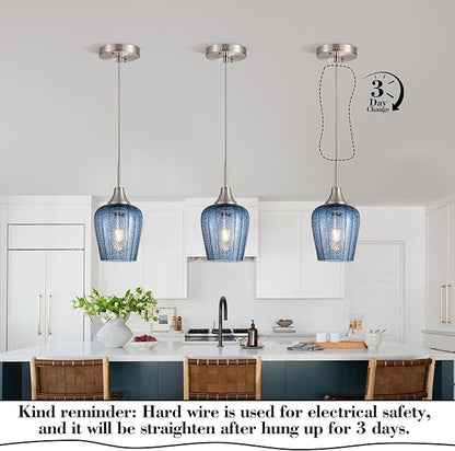 Viinew Mini Glass Pendant Light,5.4" Tulip Flower Shape Dark Blue Glass Hanging Light,1-Pack Handblown Clear Blue Seeded Shade Adjustable Cord Ceiling Light Fixture for Kitchen Island Sink
