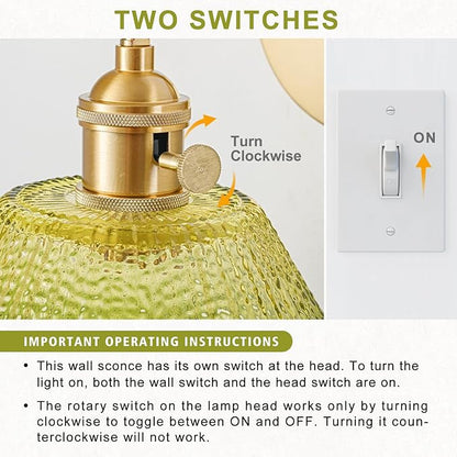Wall Sconces Set of Two Hardwired, Vintage Wall Light with Gradient Green Glass Lampshade, Bathroom Wall Sconces with Switch, Gold Wall Light Wall Decor Set of 2