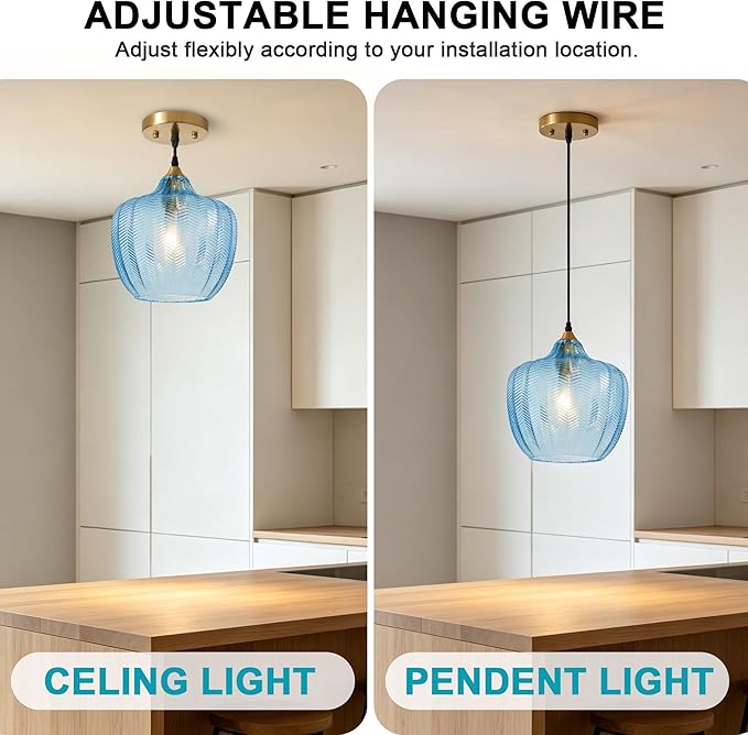 Modern Gold Pendant Light, Blue Glass Farmhouse Kitchen Island Pendant Light Fixture Adjustable Vintage Hanging Ceiling Light for Dining Room Corridor 9.45 inch 1 Pack, UL Certification
